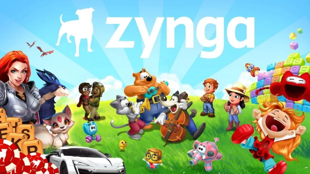 Zynga's logo, with a collage of portfolio game art