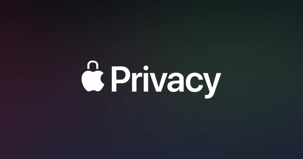 Apple logo with a lock in the apple, next to a text element that reads Privacy