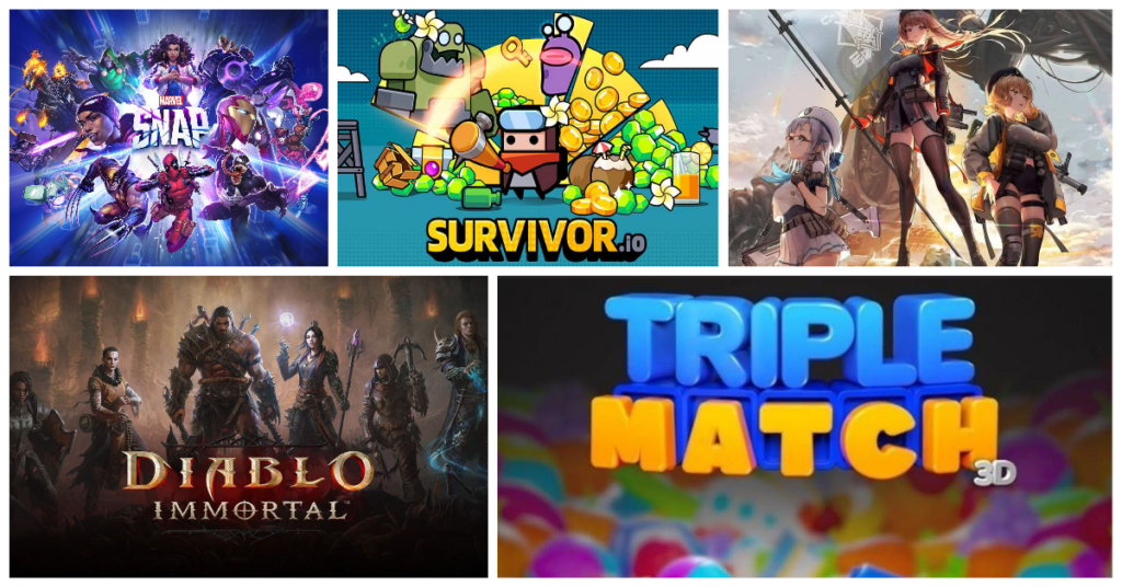 Collage of the five games' art