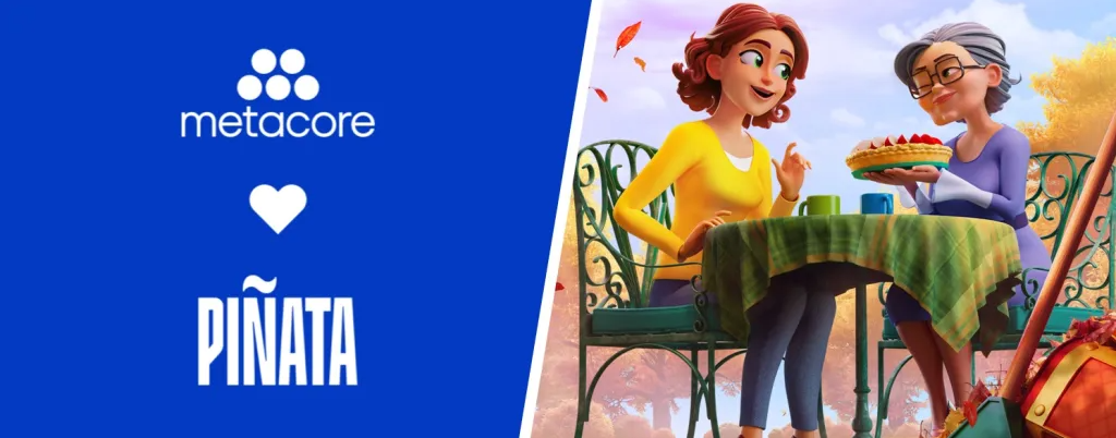 Metacore and Piñata logos with a Merge Mansion illustration