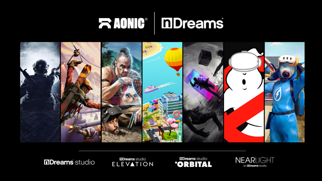 Collage of nDreams products and assets, with Aonic and nDreams logos visible